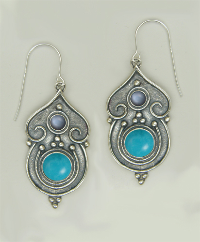 Sterling Silver Gothic Inspired Drop Dangle Earrings With Turquoise And Grey Moonstone